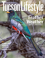 Cover image of Tucson Lifestyle's April 2023 issue with colorful bird and headline ‘Feather Weather,’ which also includes a feature on 'Top Doctors' in the Tucson area