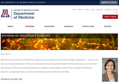 Website homepage for UA Division of Infectious Diseases