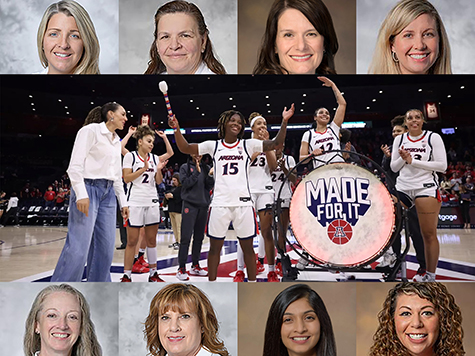 [Collage of health practitioners to be honored at U of A Women's Basketball game, Feb. 8, 2025, and a shot of the team rallying around a large drum with "Made for it!" on it.]