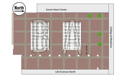 [Map of the U of A Health Sciences Plaza south of the College of Medicine entrance in Tucson]