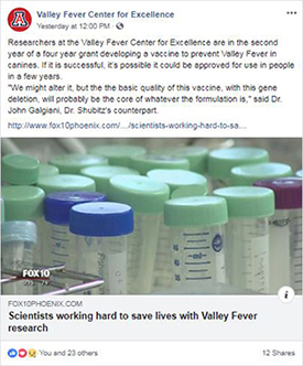 Facebook post on research for canine Valley fever vaccine for dogs