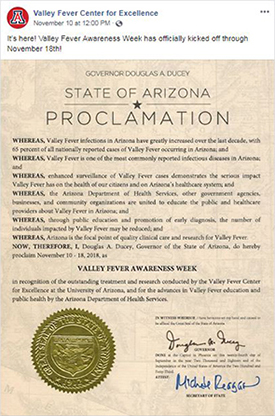 Facebook post on Gov. Ducy proclamationon 2018 Valley Fever Awareness Week