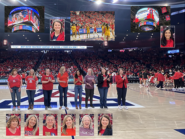 [Collage of images from U of A Wildcats women’s basketball game vs ASU Sun Devils, 2.8.25, in which Cardiology professionals were recognized during American Heart Month]